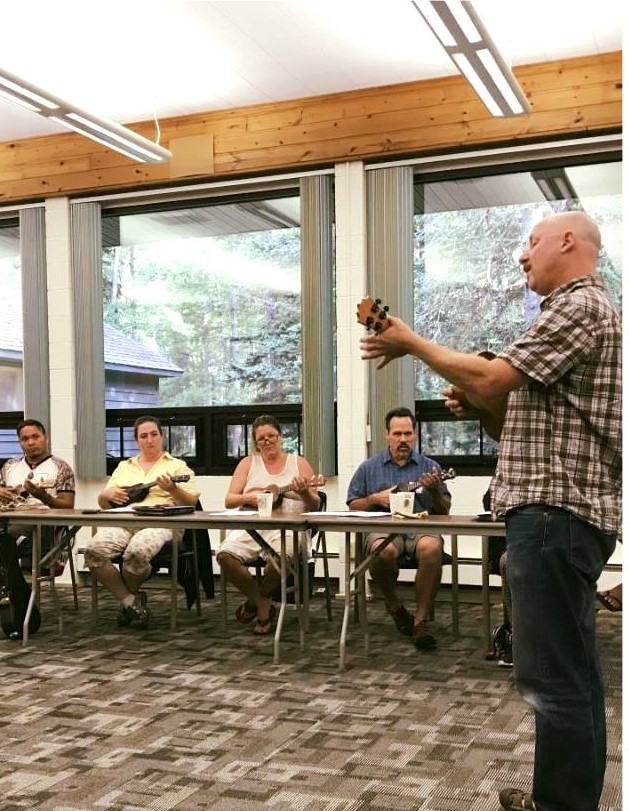 ukelele session at Higgins Lake retreat
