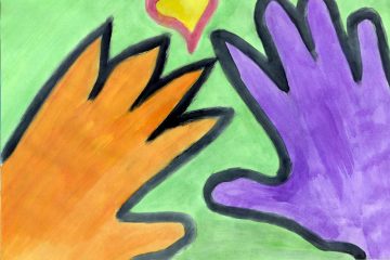 an orange hand and purple hand reaching toward a heart in the middle of the page
