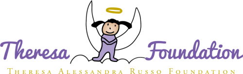 This is the Theresa Foundation Logo. Theresa Foundation written in purple cursive with drawing of a child angel standing on a cloud.