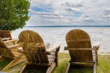 2 adirondack chairs overlooking higgins lake
