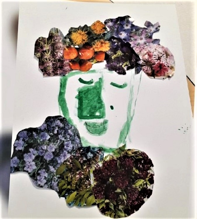 Collage of a head with a painted green face and pictures of flowers for hair and shirt.